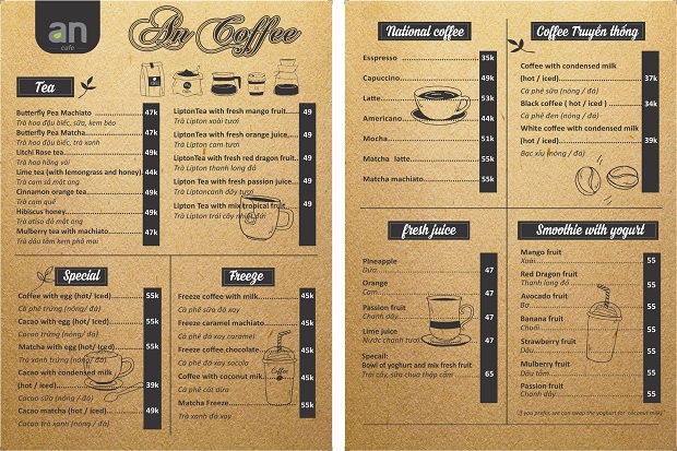 Thực đơn thức uống tại cà phê Đà Lạt An Coffee